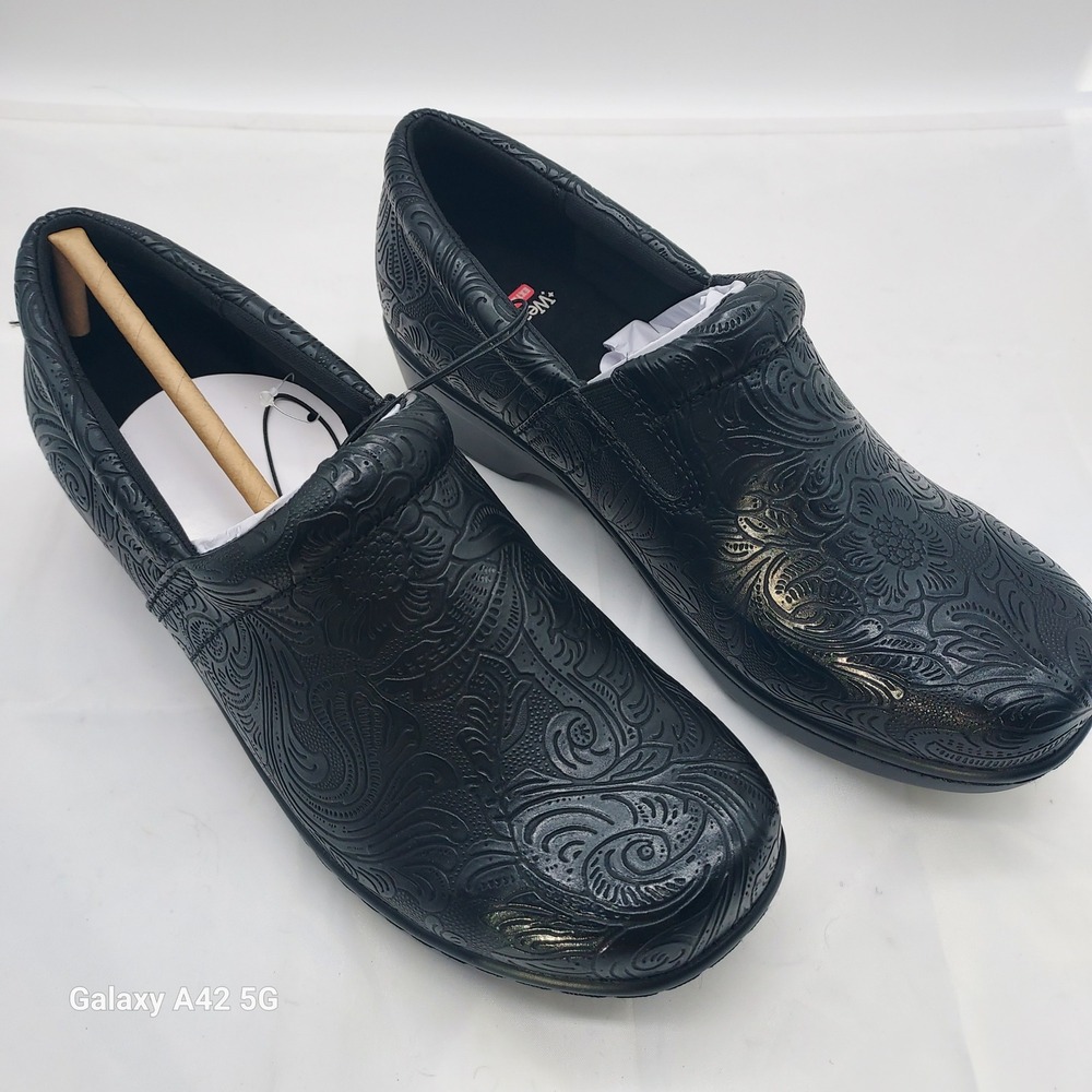 Black‎ Embossed Floral Slip On Clog Shoes Work Comfort Size 9W